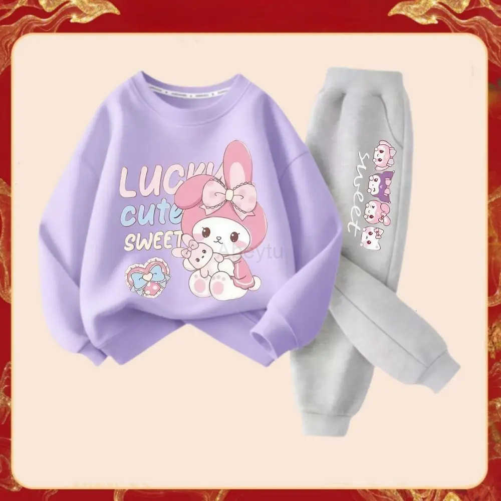 Sanrio Spring Autumn Childrens Melody Print Clothes Sets Kids Kawaii Sweatershirts Pullover Tops Pants 2Pcs Outfit Tracksuit H251216