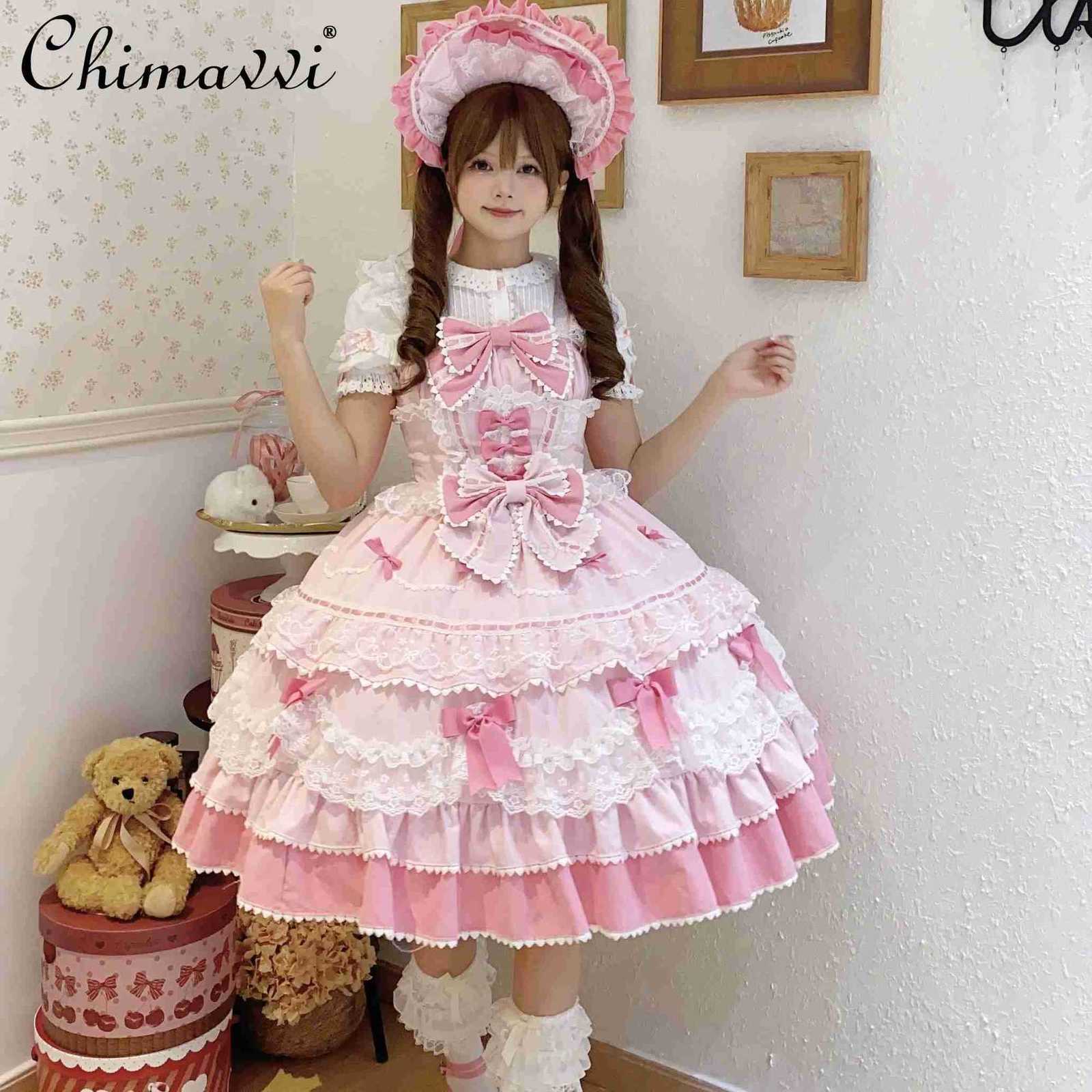 Sanrio New 2025 Summer Original Sweet Lolita Jsk Dress Cute Bow Lace Stitching Kawaii Girls Women Elegant Slim Suspender Dresses H251216