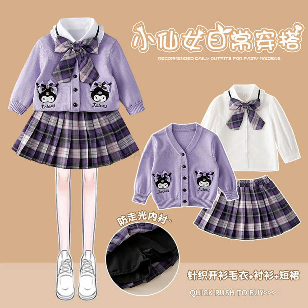 Sanrio Anime My Melody Autumn Girls Kids 3Pcs Set Sanrios Kuromi Fashion Kawaii Children College Style Cardigan Shirt Pleated Skirt Set H251216