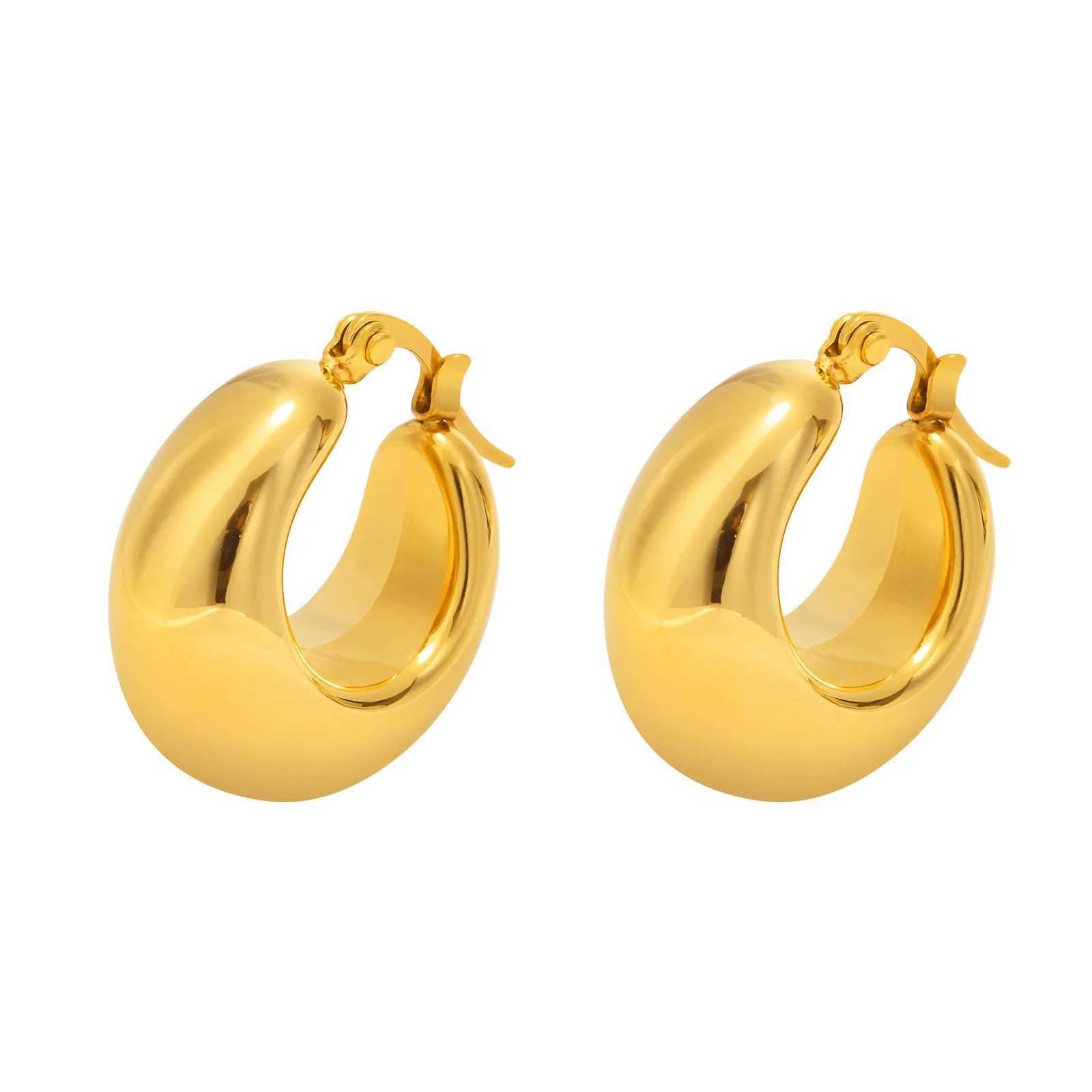 SKU Trendy Chunky Stainless Steel Hoop Earrings for Women Girls Lady Dainty Gold Color Half Hollow Round Circle Ear Jewelry G251216