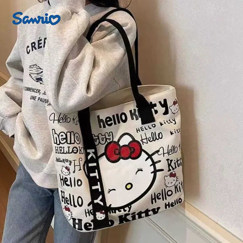Sanrio Hello Kitty Canvas Bag Cartoon Womens Shoulder Bag Japanese Lightweight Large Capacity Shopping Bag For Girls Gifts H251216