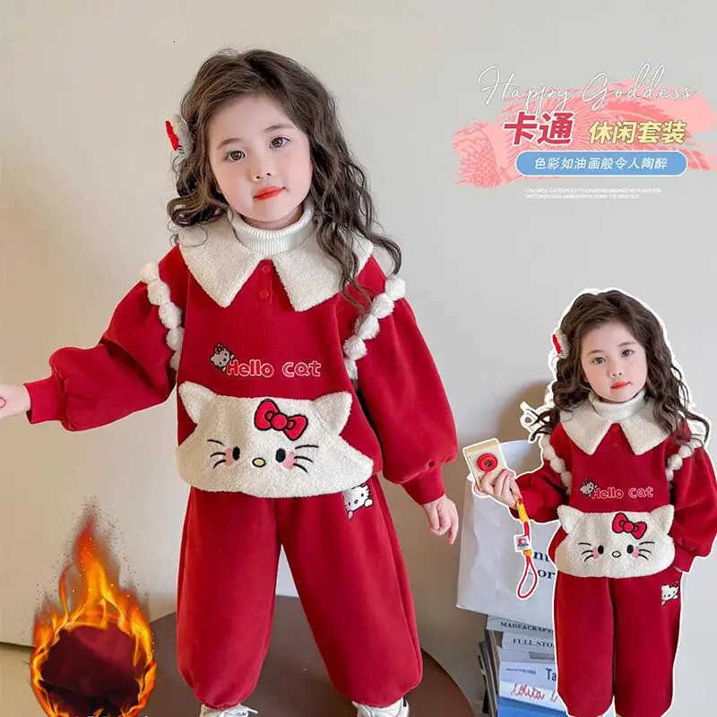 Sanrio Hello Kitty Hoodie Two-Piece Set Girl Autumn Winter Tops Pants Sportswear Child Kawaii Anime Cartoon New Casual Clothing H251216