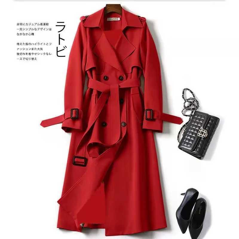 Coat Women 2025 New Casual mid-length Windbreaker Spring Autumn Solid Color Button Sashes over-the-knee Coat womens ClothingT251216