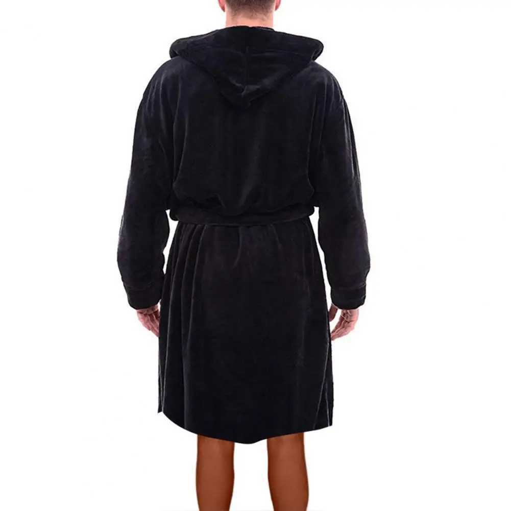 Men Bathrobe Winter Warm Hooded Long Sleeve Long Fleece Pocket Belt Solid Color Home Gown Sleepwear C251216