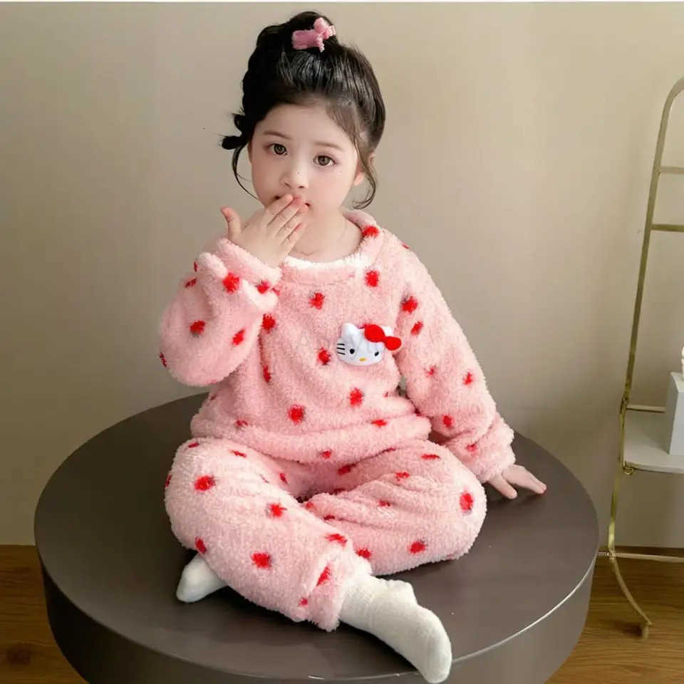Sanrio Anime Hello Kitty Girls Autumn/Winter Cartoon Pajamas Babys fashionable and warm winter clothing Girls casual home suit set H251216