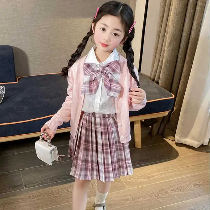 Sanrio Cartoon Anime Girls Vest Knit Cardigan Jk Skirt Kuromi Kawaii My Melody Pleated Skirt Bow Set Spring and Autumn New Style H251216