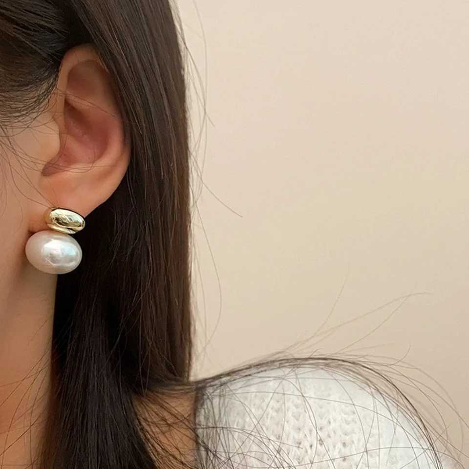 Yupsk French Gold Color Bean Spliced Flat Pearl Earring for Women Korean Fashion Smooth Pearl Ear Accessories Gift For New Year G251216