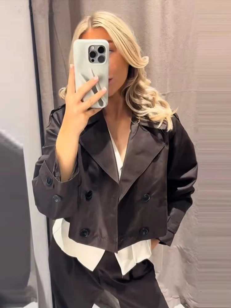 Autumn New Khaki Double Breasted Short Trench Coats For Women Casual Lapel Long Sleeve Pocket Loose Jackets Women Outcoat 2025T251216