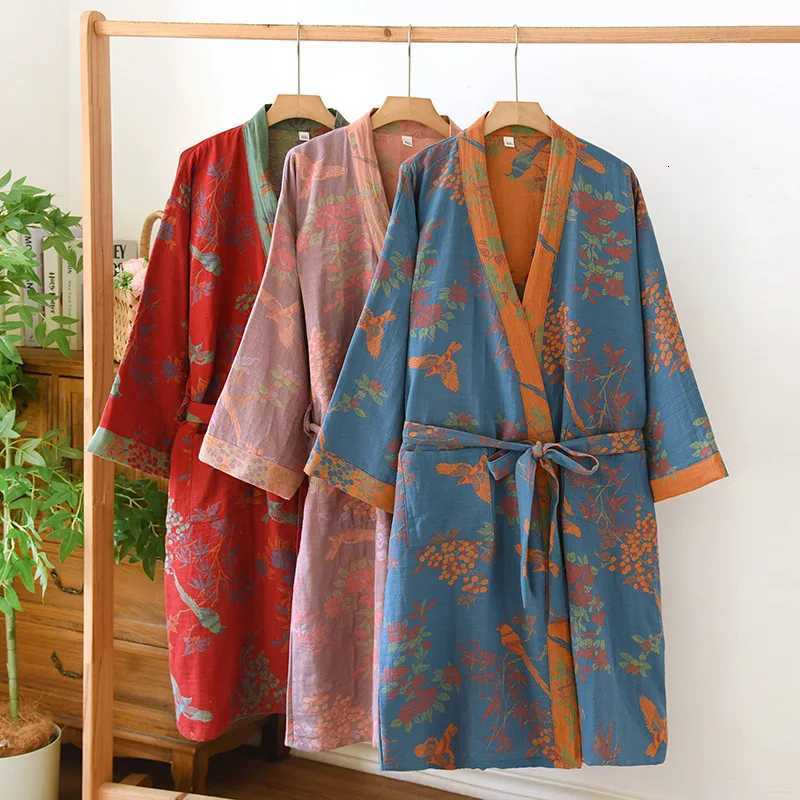 Spring Jacquard High Quty Color Woven Cotton Double Layer Gauze Sleeping Robes for Women Medium Length Yukata Bathrobe C251216