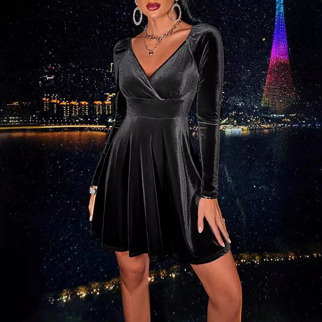 Womens Autumn and Winter Long Sleeve Velvet Little Dress Elegant Graceful 251219