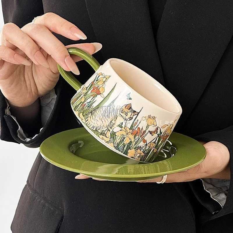 Cat Oil Painting Style Ceramic Cup Vintage Hand-painted Mocha Afternoon Tea Set Breakfast Oat Cup Heat-resistant Coffee Cups H251215