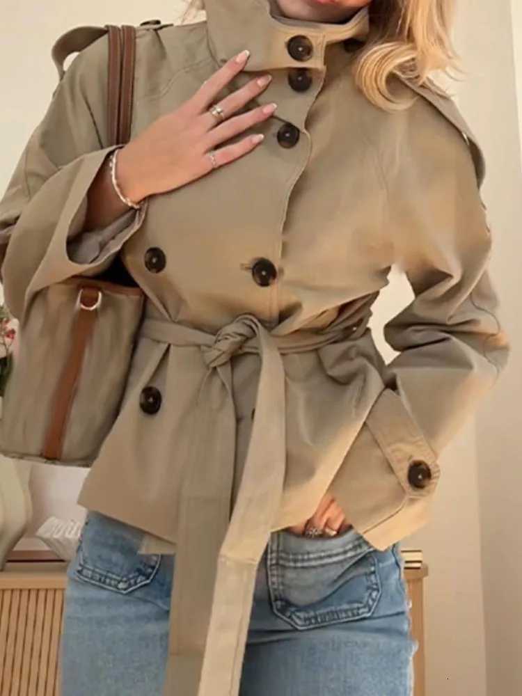 Fashion Short Trench Coat For Women Elegant Long Sleeve Turtleneck Button Lace-up Coats Tops Lady Holiday Streetwear Office NewT251216