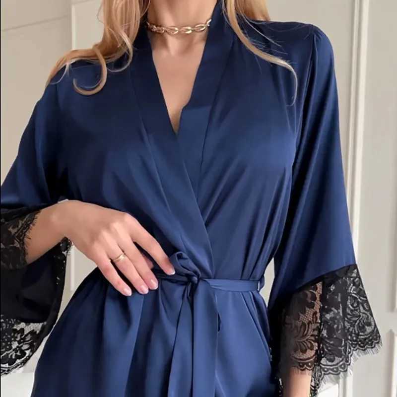 Womens Sexy Night Gown Robe V-Neck Satin Lace Bathrobe Half Sleeve Nightdress Female French Sexy Silky Satin Sleepwear C251216