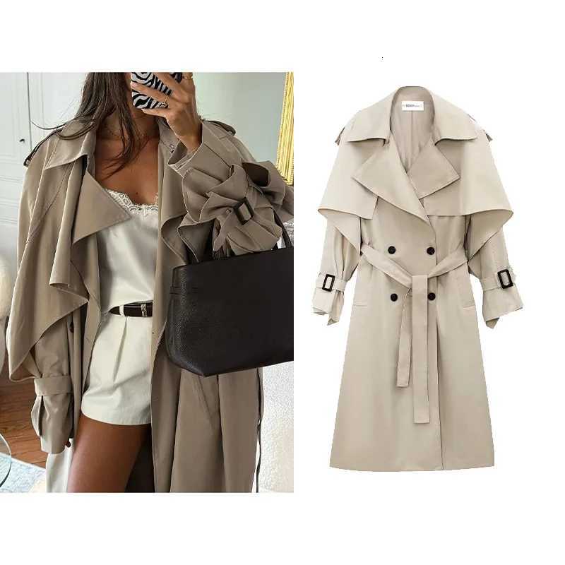 Autumn Women Double Breasted Long Trench Coat with Belt Casual Tierred Lapel Collar Long Sleeves Windbreaker Womens OuterwearsT251216