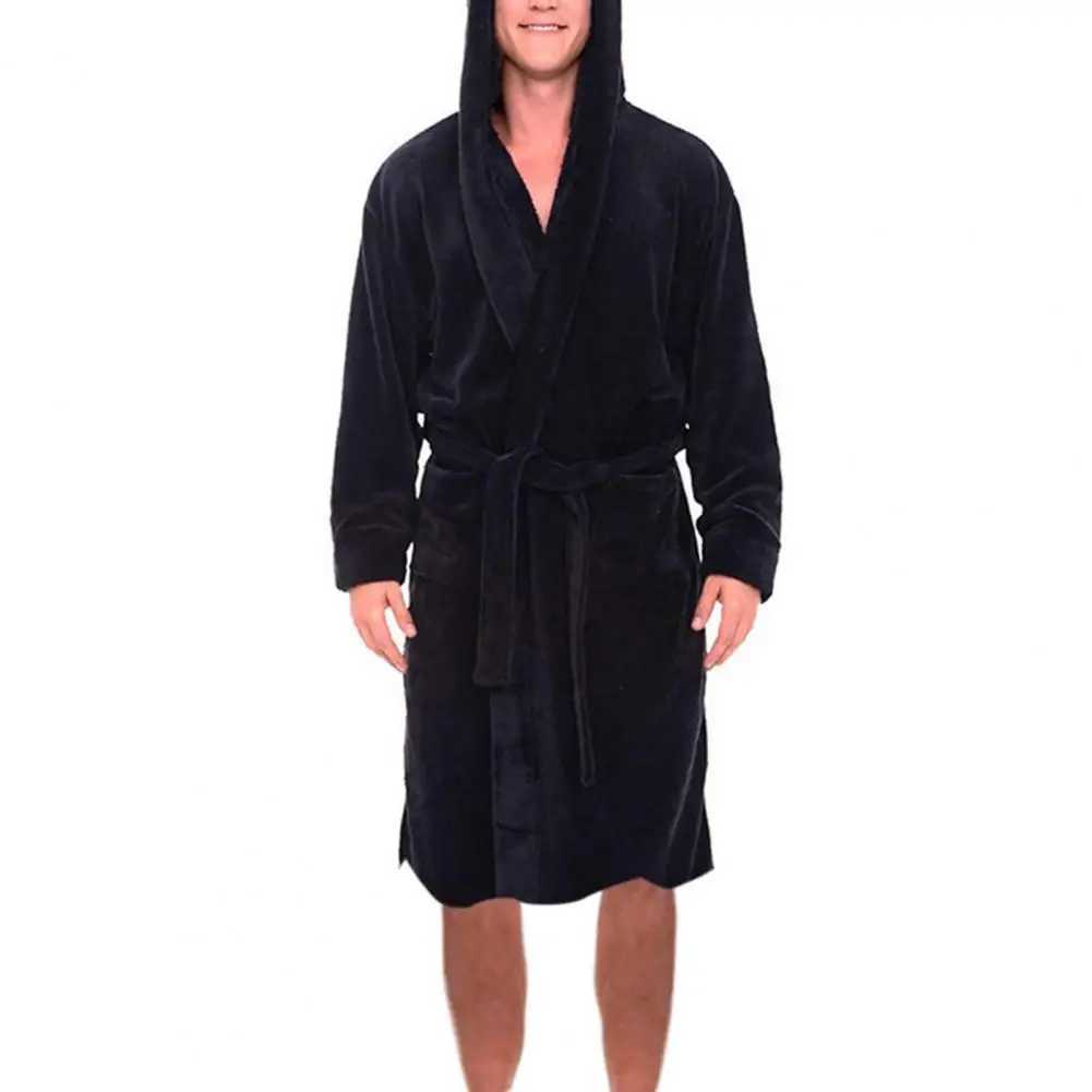 Men Bathrobe Winter Warm Hooded Long Sleeve Long Fleece Pocket Belt Solid Color Home Gown Sleepwear C251216