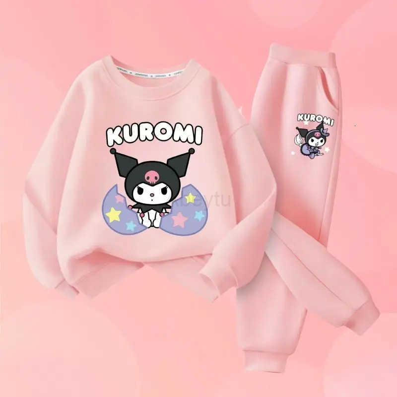Sanrio Girls Cartoon Kuromi Print Long Sleeved T-shirts and Solid Color Pant 2Pcs Childrens Fashion Sweatshirt Sweatpants Set Wear H251216