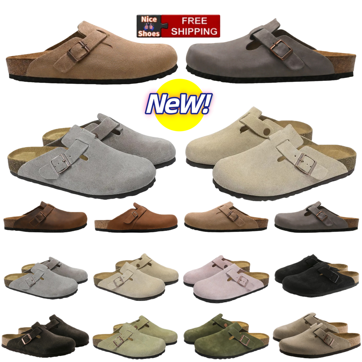 Free shipping slides designer sandals slippers bostonclogs Boston Soft Footbed Suede Taupe black Light Boston Clog Soft Footbed Rose