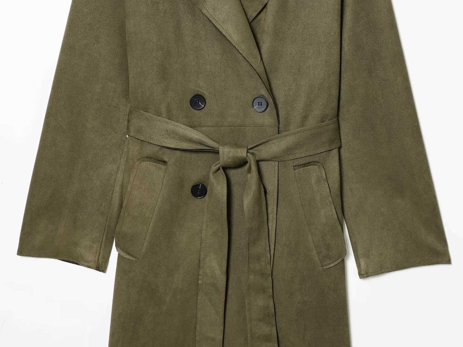 2025 Winter New Womens Casual Fashionable Simple Lapel Double-Breasted Long Trench Coat with Belt and SuedeT251216