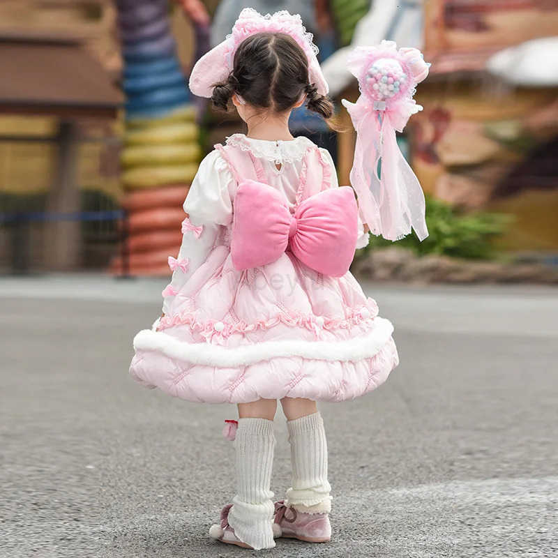 Sanrio Anime My Melody Thicken Lolita Princess Party Dress with Bow Decoration Girls Sweet Ruffled Tutu Skirt Winter Cotton Jacket Gift H251216