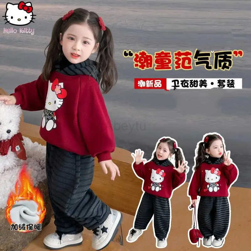 Sanrio Girls Thickened Kawaii Sweatshirt Pants Suit Cartoon Autumn Winter New Anime Warm Hooded T Shirt Striped Pant Two Piece Set Tops H251216