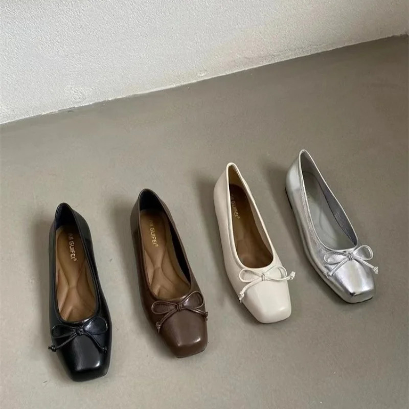 Bowtie Flat Shoes Women Ballerinas Square Toe Slip on Ballet Flats Lazy Loafers Moccasins Ladies Casual Comfort Shoes 251216