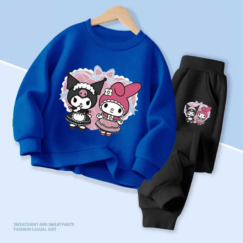 Sanrio Spring Childrens Colthes Sets Cartoon Kuromi and My Melody Print Girls Pullover Tops and Pants 2pcs Breathable Thin Kids Clothes H251216