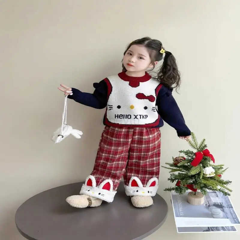 Sanrio Hello Kitty Loungewear set Girls Kawaii Y2k Anime Childrens Clothing Coat autumn and winter Clothes 2-piece set Kids H251216