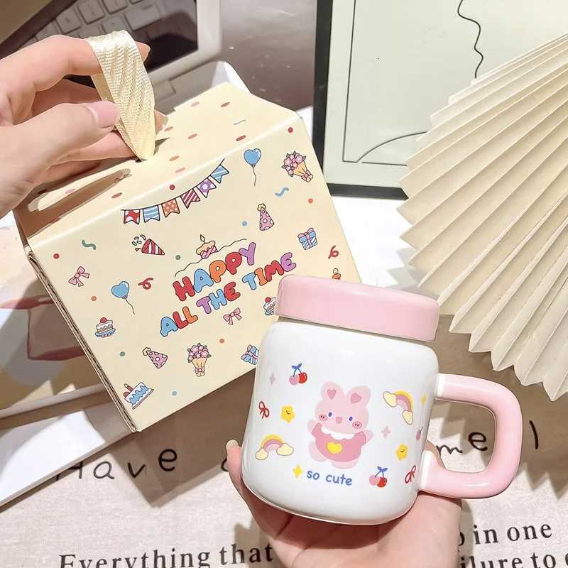 Cute rabbit g with lid water cup for girls couple ceramic cup souvenir birthday gift he decoration H251215