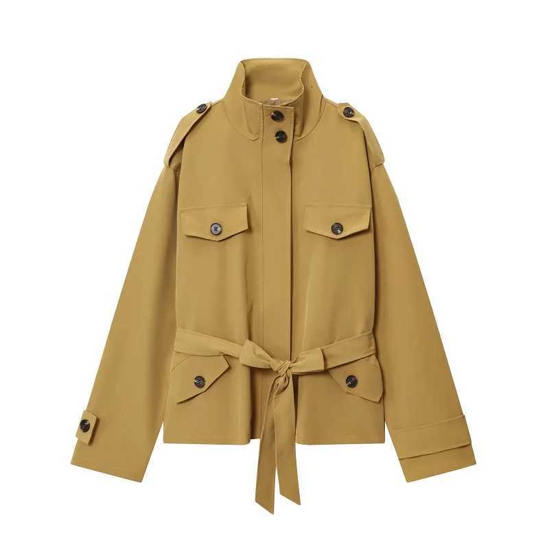 MUJER Short Trench Coat for Women Belt Oversized Womens Windbreaker Bomber Demi-season Jacket for Women Coats New in OuterwearsT251216