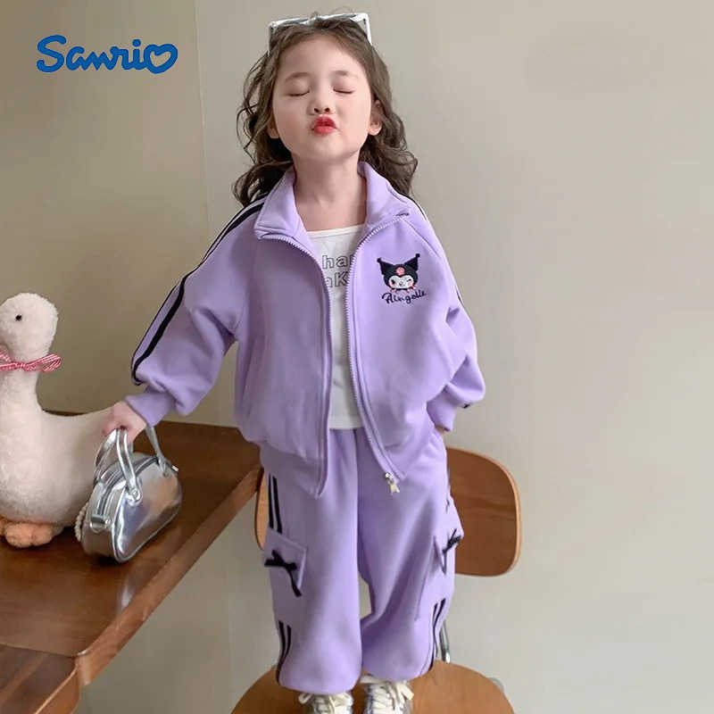 Sanrio Kuromi Clothes Set Girl Spring Autumn Fashion Cartoon Cute Sweet Long Sleeve Tops Pants Childrens Casual Sportswear H251216