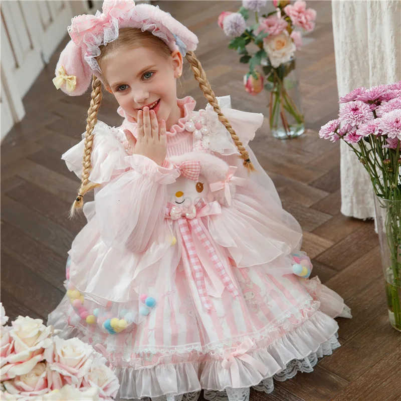 Sanrio Anime My Melody Girls Lolita Princess Dress with Bow Decoration Ruffled Tutu Skirt Layered Party Halloween Costume for Kids H251216