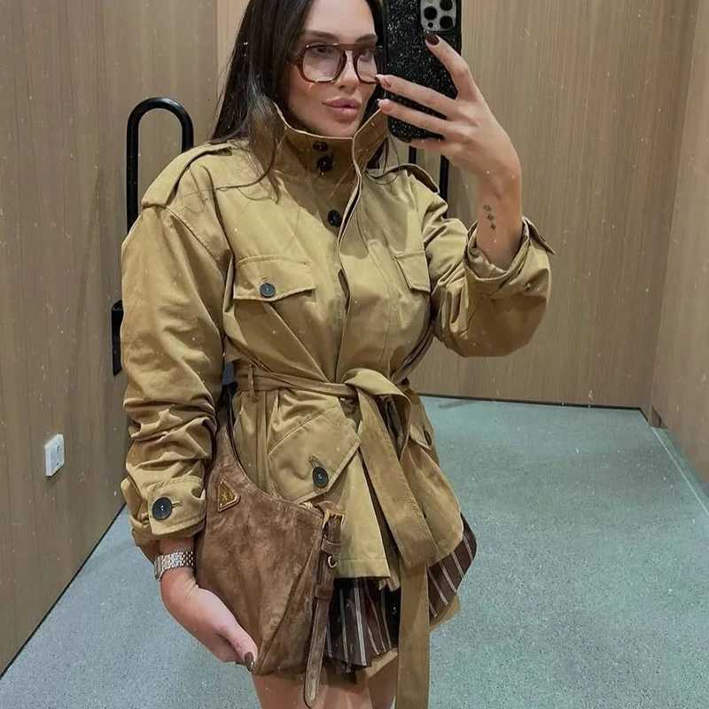 HXAO Womens Trench Coat Autumn Woman Trench Cropped Coat Womens Belt Windbreaker Outerwear Long Sleeve Button Short TrenchT251216
