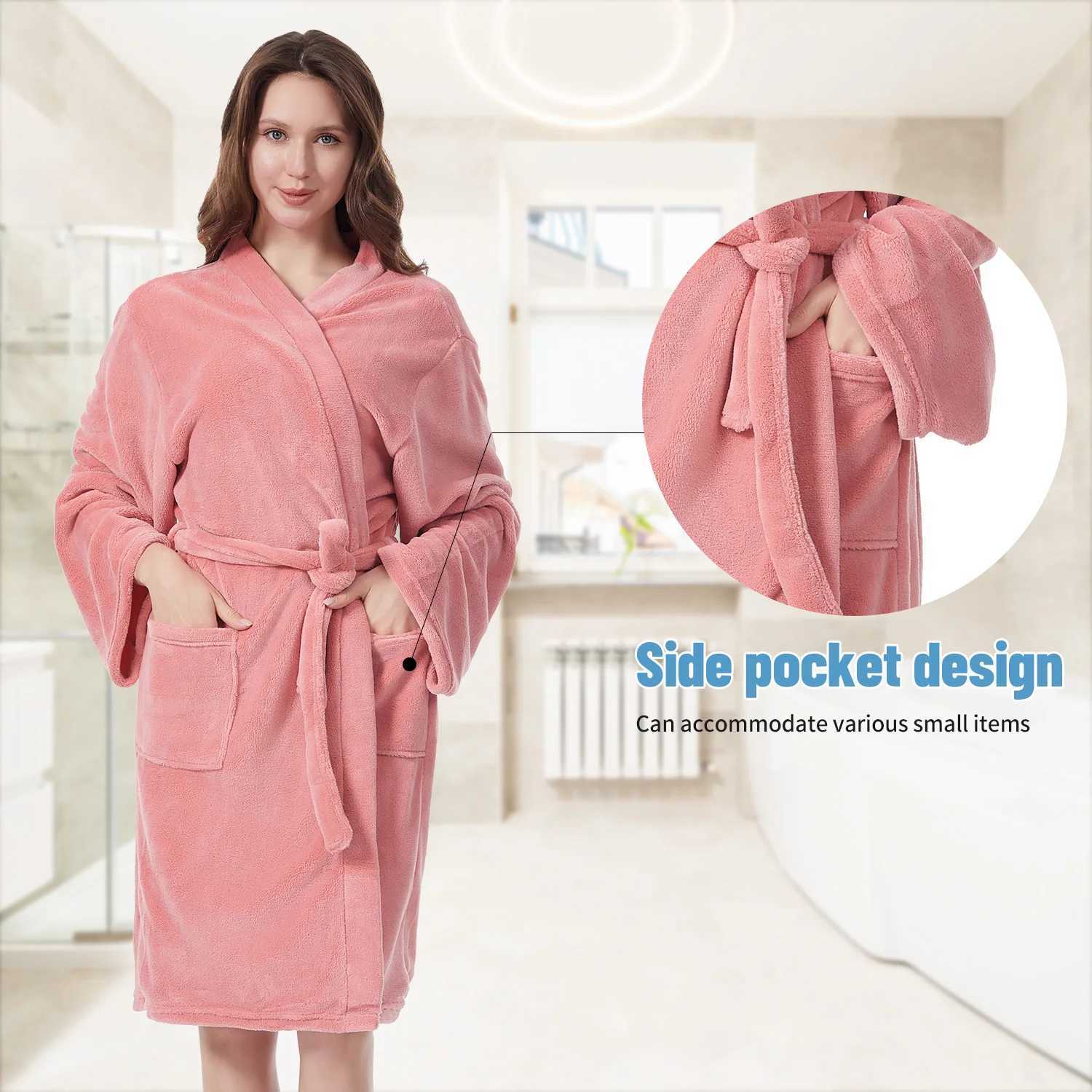 Mutao Bathrobes with Belt For MenWomen Fleece Soft Fluffy Bathrobe Plush Cozy Long Spa Robe Water absorption Quick drying C251216