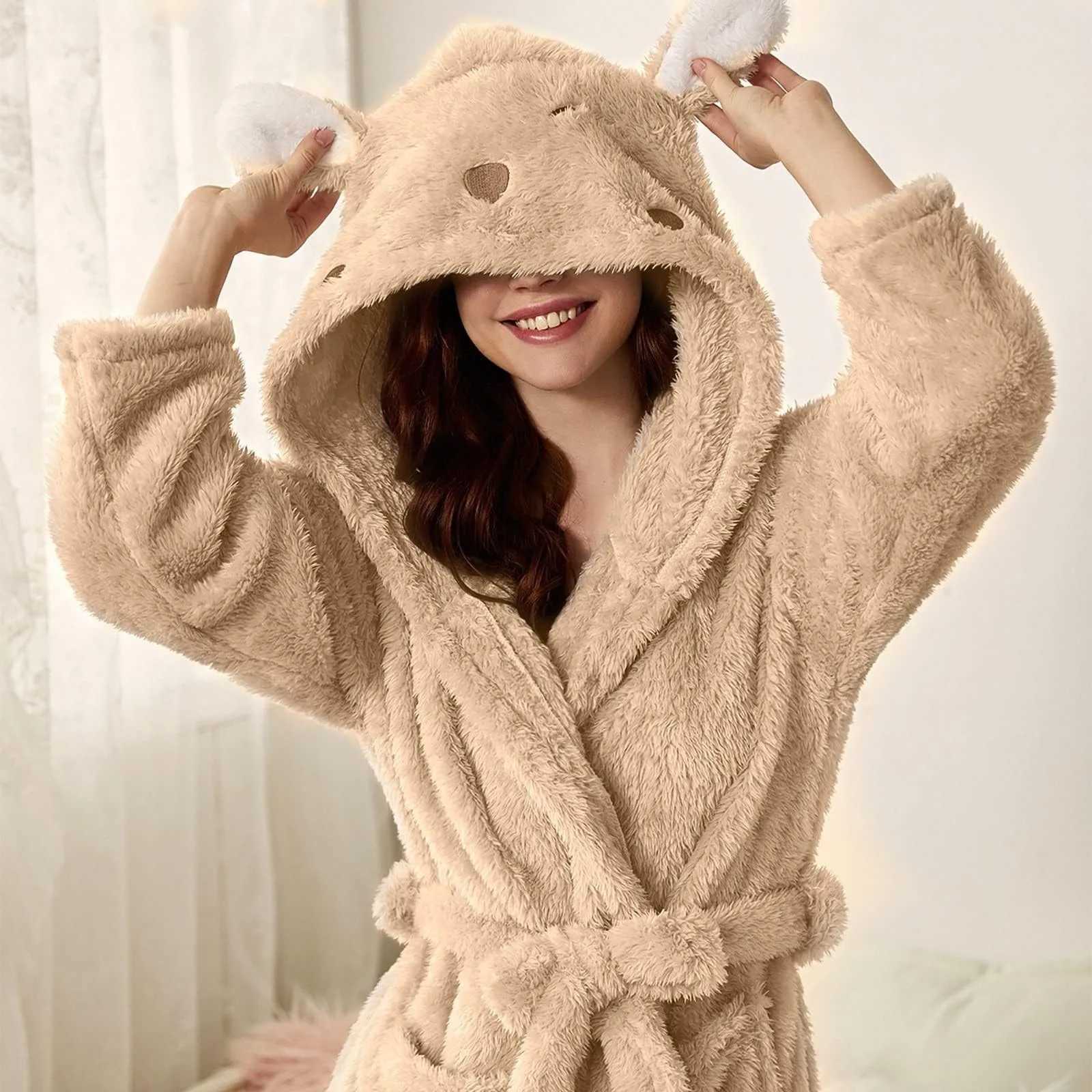 Fall and Winter Plush Thicken Night Robe Basic Solid Color Bathrobe with Rabbit Shaped Hooded Soft Comfortable Home Wear C251216