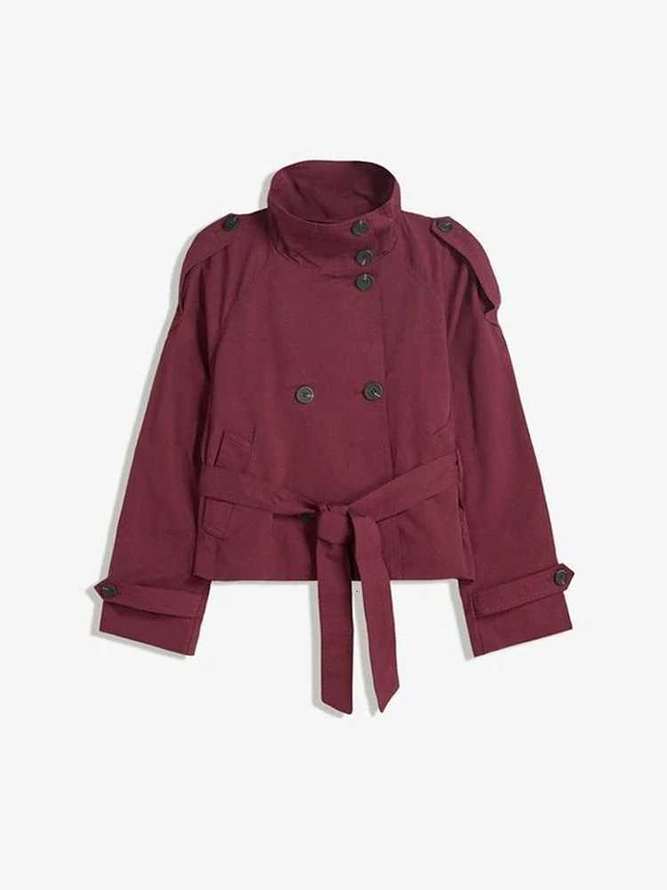 Spring Autumn Women Stand Collar Trench Coat 2025 New With Belt Double Breasted Jacket High Street Long Sleeve Windbreaker CoatT251216