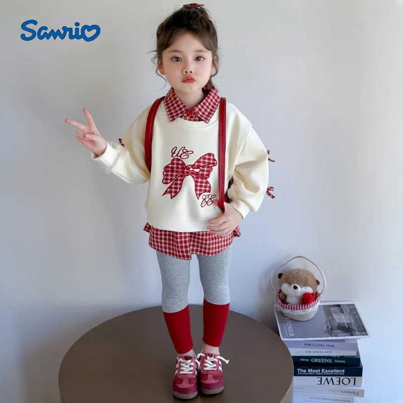 Sanrio Girls Embroidered Checkered Bow Set Childrens Korean Fashion Little Girl Checkered Hoodie Leggings Two-piece Set H251216