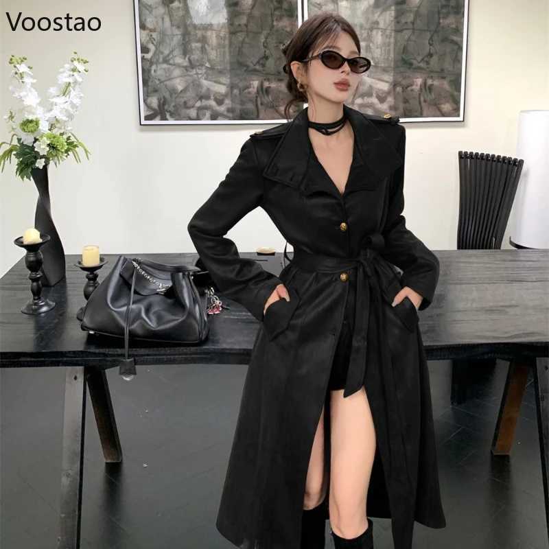 Korean Fashion Black PU Leather Trench Coat Women Casual Moto Biker Long Jackets Y2k Vintage Female Streetwear Autumn ClothesT251216