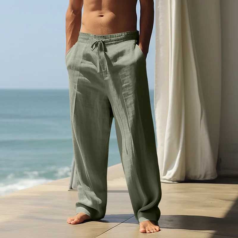 Cotton linen mens pants 2025 summer new loose casual pants high waisted breathable plus size Haren pants slimming wide trousers W251216