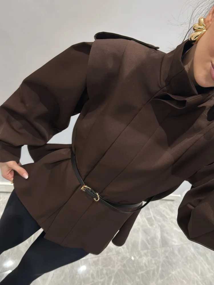 Solid Belted Loose Trench Coat Fashion Lapel Long Sleeve Zipper Button Bomber Jacket Lady Autumn High Street Windbreaker 2025T251216