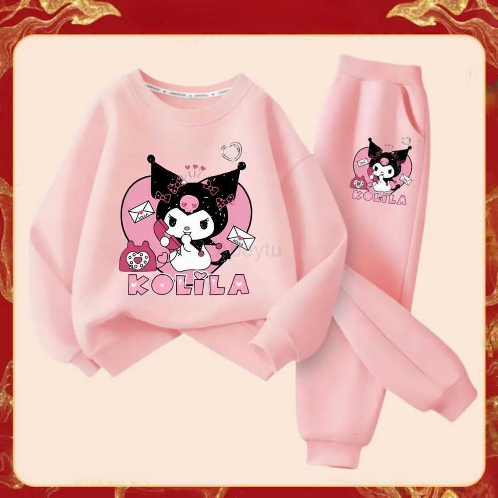 Sanrio Spring Autumn Childrens Clothes Sets Kids Cartoon Kuromi Sweater Pullover Tops Pants 2Pcs Letter Outfit Tracksuit H251216