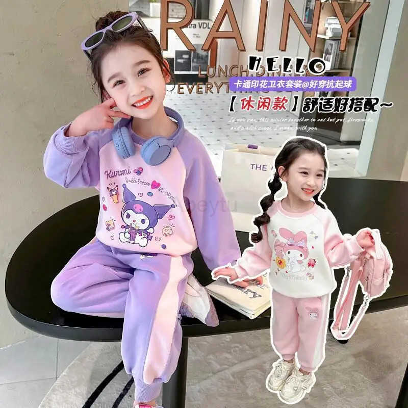 Sanrio Hello Kitty Western-style Little Girls Sports Style Hoodie Two-piece Set for Spring Kawaii Y2k Anime Childrens Clothing H251216