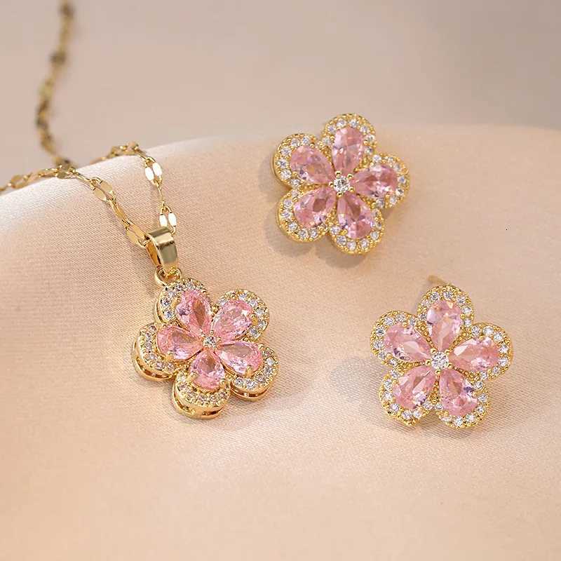 Bridal Pink Zircon Cherry Flower Stud Earrings and Pendants Stainless Steel Chains Necklaces For Women Luxury Jewelry Sets Gift M251216