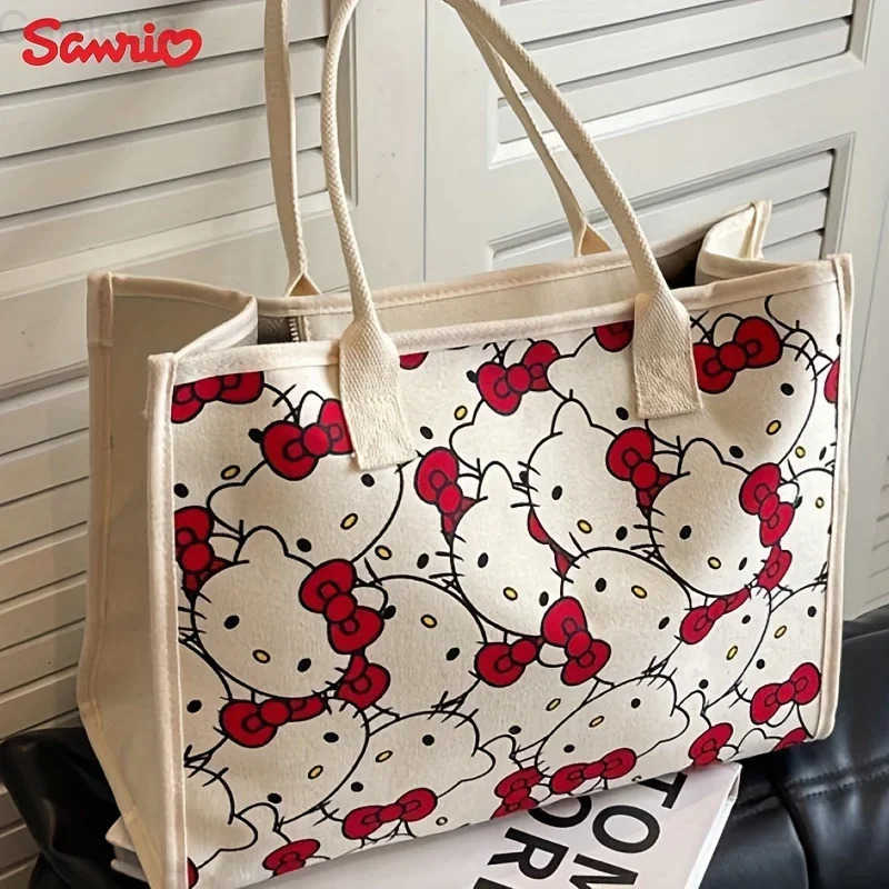 Sanrio Hello Kitty Canvas Bag Tote Bag Shoulder Storage Makeup Pouch Anime Handbag Travel Shopping Bag Kid Schoolbag Girl Gift H251216