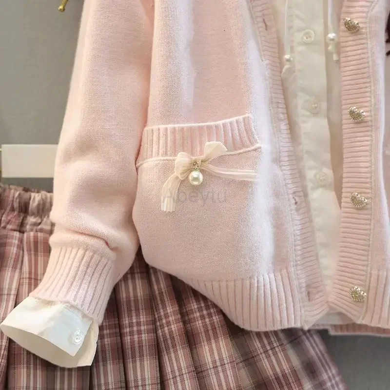 Sanrio Hello Kitty Anime MINISO Long Sleeve Jacket Skirt Set Spring JK Cute Knit Kawaii Cardigan Pleated Clothing Dress Gifts for Girls H251216
