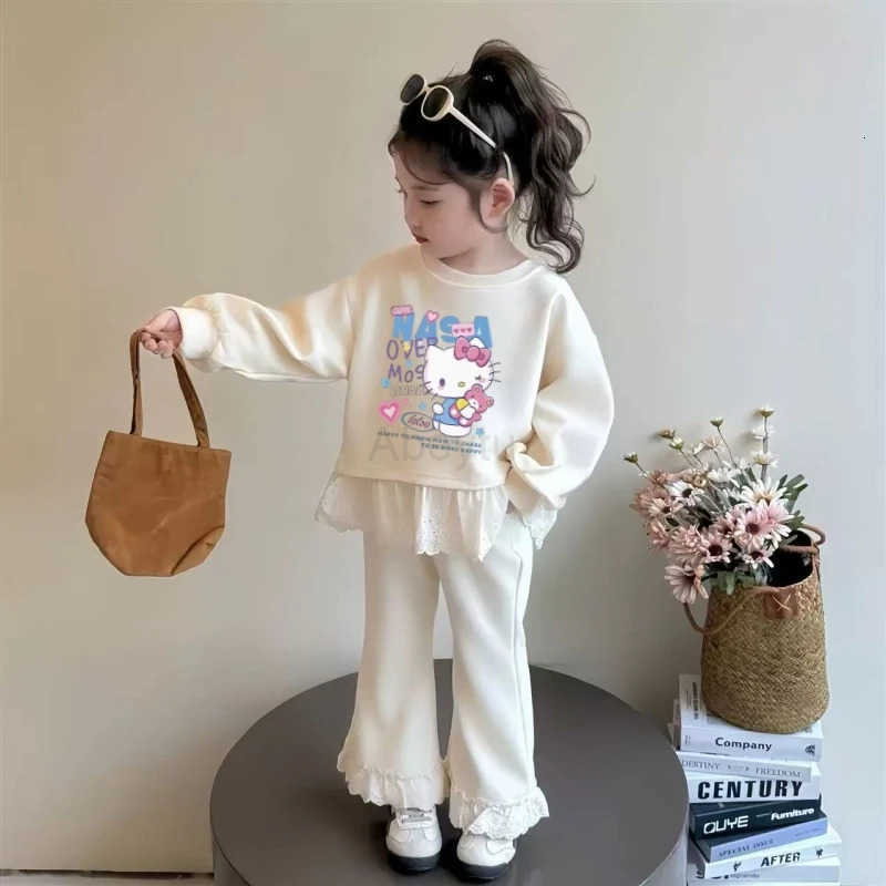 Sanrio Autumn Baby Girls Clothes Sets Lace Decoration Kid Hello Kitty Girls Sweatshirts Pullover TopPants 2pcs Cute Tracksuits Outfits H251216
