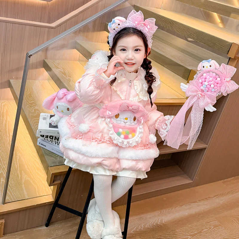 Sanrio Kawaii Children Lolita Long-Style Down Jackets Dress High Quality Anime Cute Princess Jacket Hooded Warm White Duck Down Jacket H251216