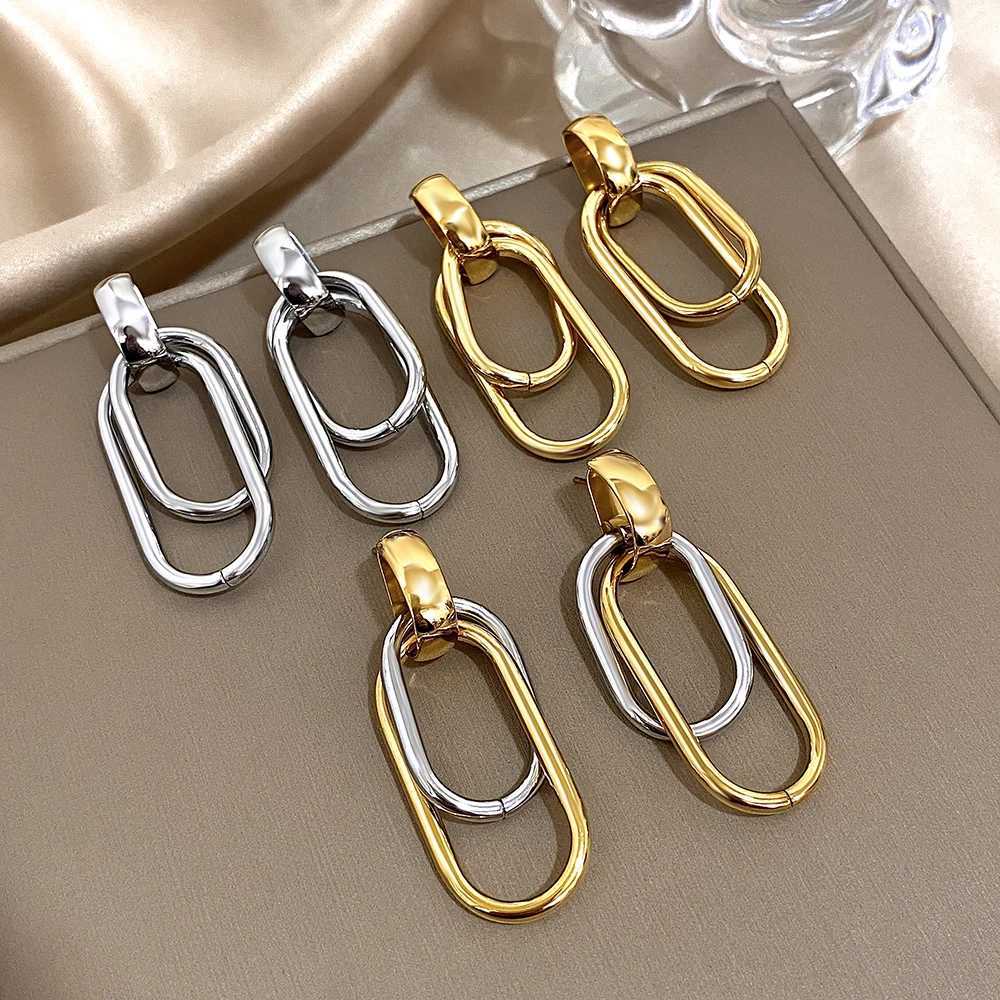 Fashion Stainless Steel Gold Silver Color Drop Earrings for Women Glossy Doublelayer U Shaped Pendant Earrings Jewelry Gifts G251216