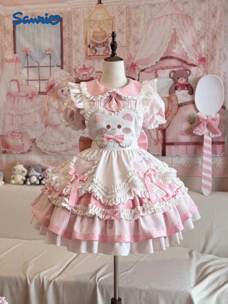 Sanrio New Japanese Sweet Lolita Womens 2 Piece Set Y2k Cute Bow Summer Dress Lace Design Strap Apron Fashion Female Vintage Outfits H251216