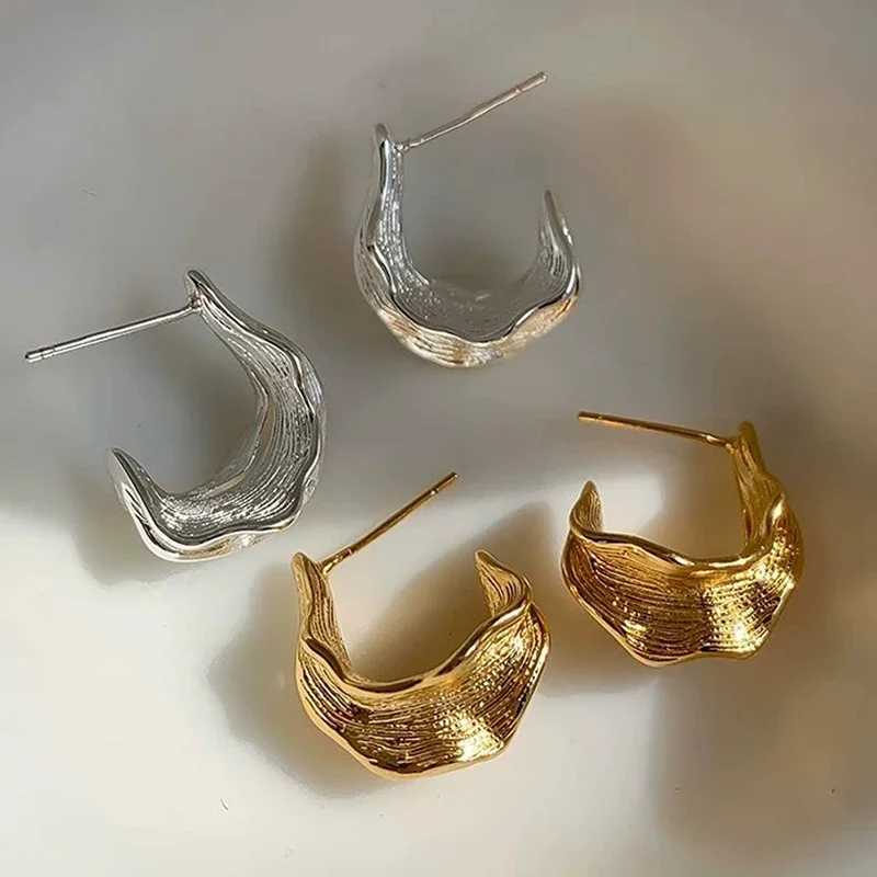 Real 925 Sterling Silver 18K Gold Irregular Folded Letter C Stud Earring for Women Trendy Fine Jewelry Personality Accessory G251216