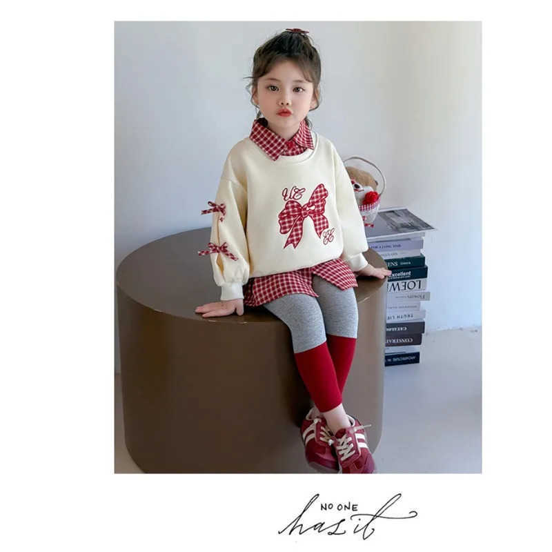 Sanrio Girls Embroidered Checkered Bow Set Childrens Korean Fashion Little Girl Checkered Hoodie Leggings Two-piece Set H251216